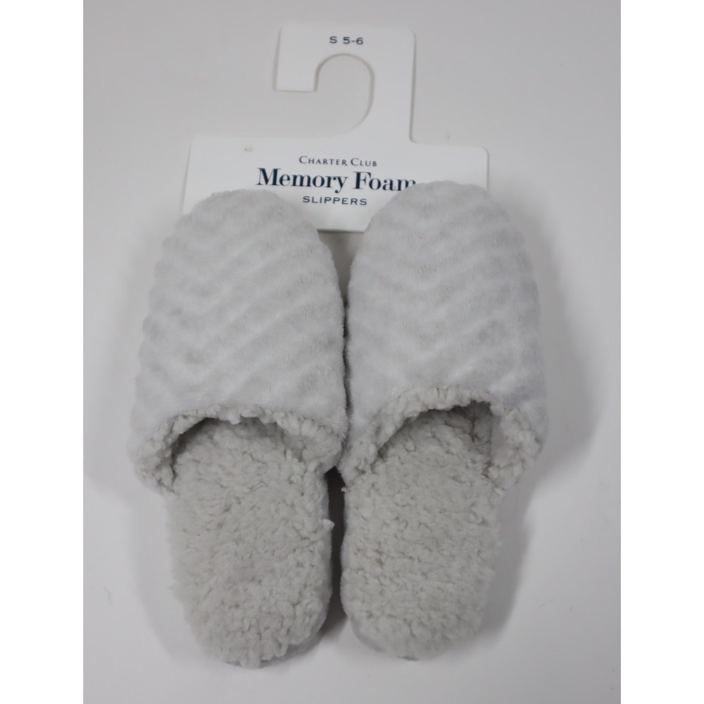 Charter Club Women's Chevron‎ Patterned Fur Slippers - Grey - Size  S 5-6